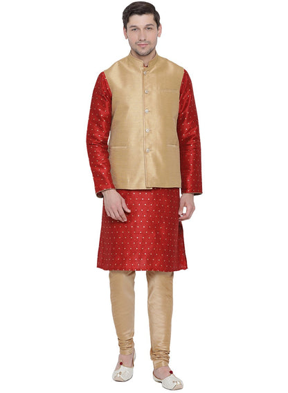 Men's Maroon Cotton Silk Blend Kurta, Ethnic Jacket and Pyjama Set