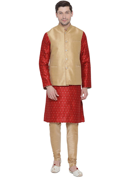 Men's Maroon Cotton Silk Blend Kurta, Ethnic Jacket and Pyjama Set