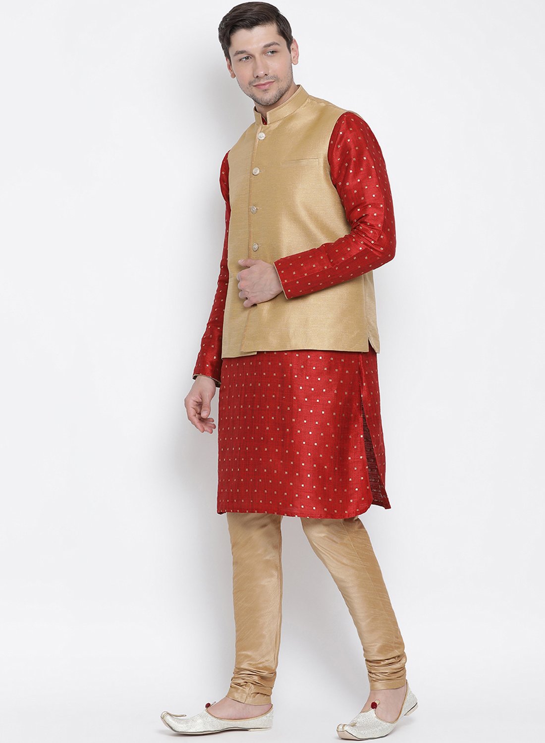 Men's Maroon Cotton Silk Blend Kurta, Ethnic Jacket and Pyjama Set