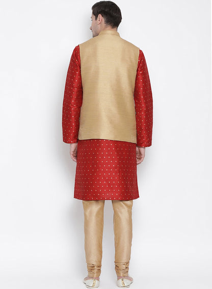 Men's Maroon Cotton Silk Blend Kurta, Ethnic Jacket and Pyjama Set