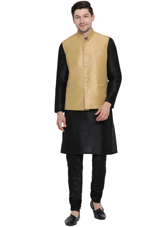 Men's Black Cotton Silk Blend Kurta, Ethnic Jacket and Pyjama Set