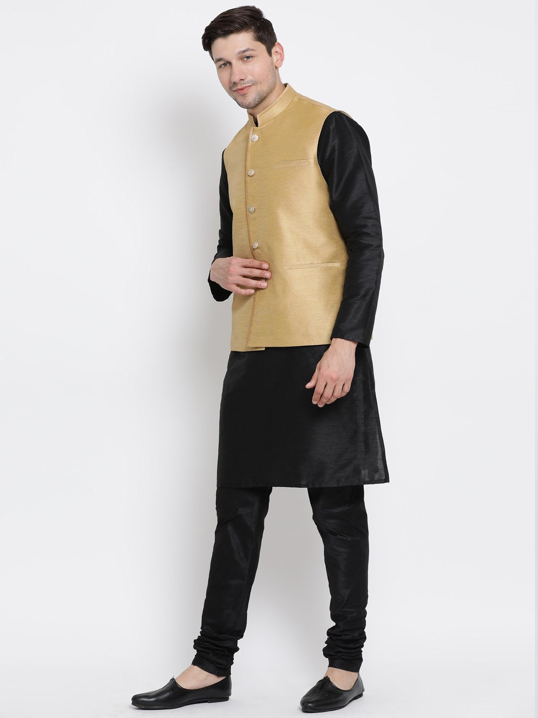 Men's Black Cotton Silk Blend Kurta, Ethnic Jacket and Pyjama Set