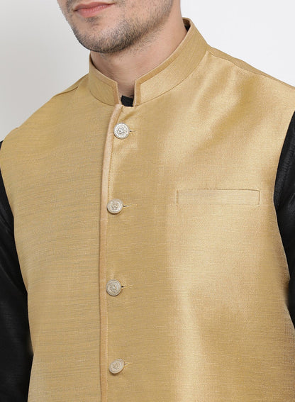 Men's Black Cotton Silk Blend Kurta, Ethnic Jacket and Pyjama Set