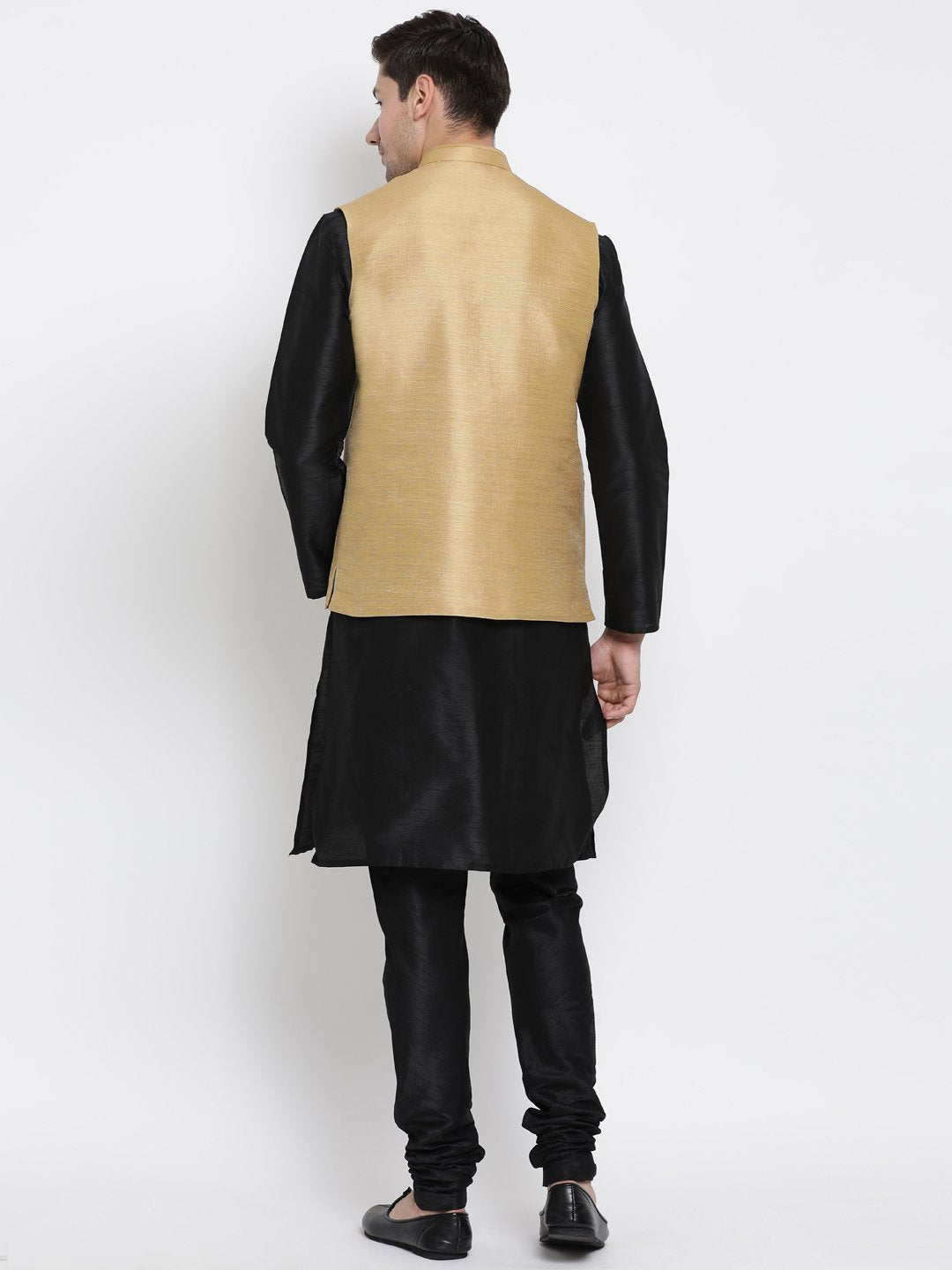 Men's Black Cotton Silk Blend Kurta, Ethnic Jacket and Pyjama Set