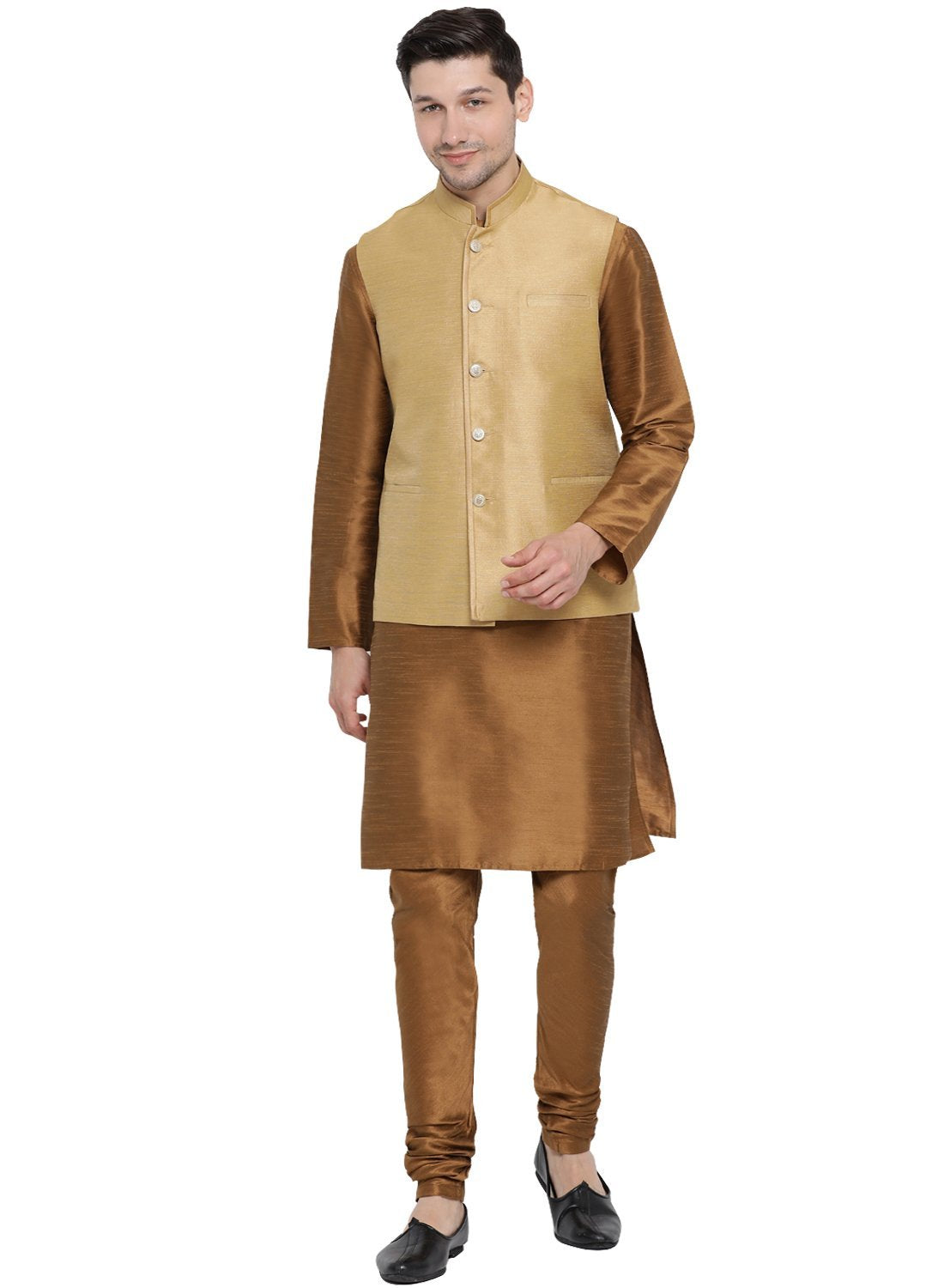 Men's Brown Cotton Silk Blend Kurta, Ethnic Jacket and Pyjama Set