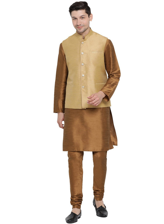 Men's Brown Cotton Silk Blend Kurta, Ethnic Jacket and Pyjama Set