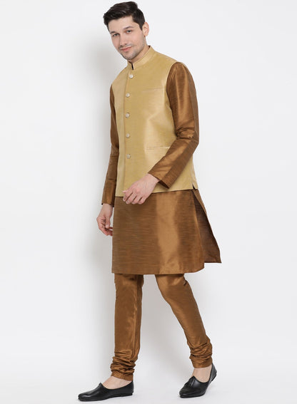 Men's Brown Cotton Silk Blend Kurta, Ethnic Jacket and Pyjama Set