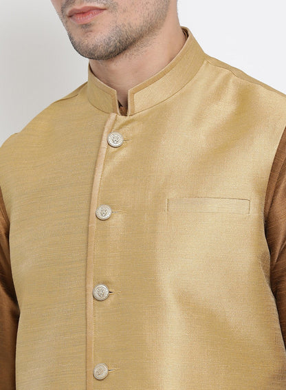 Men's Brown Cotton Silk Blend Kurta, Ethnic Jacket and Pyjama Set