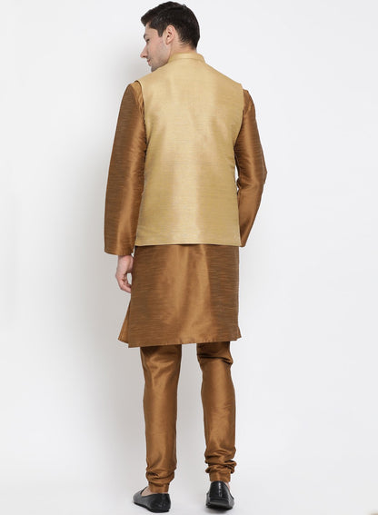 Men's Brown Cotton Silk Blend Kurta, Ethnic Jacket and Pyjama Set