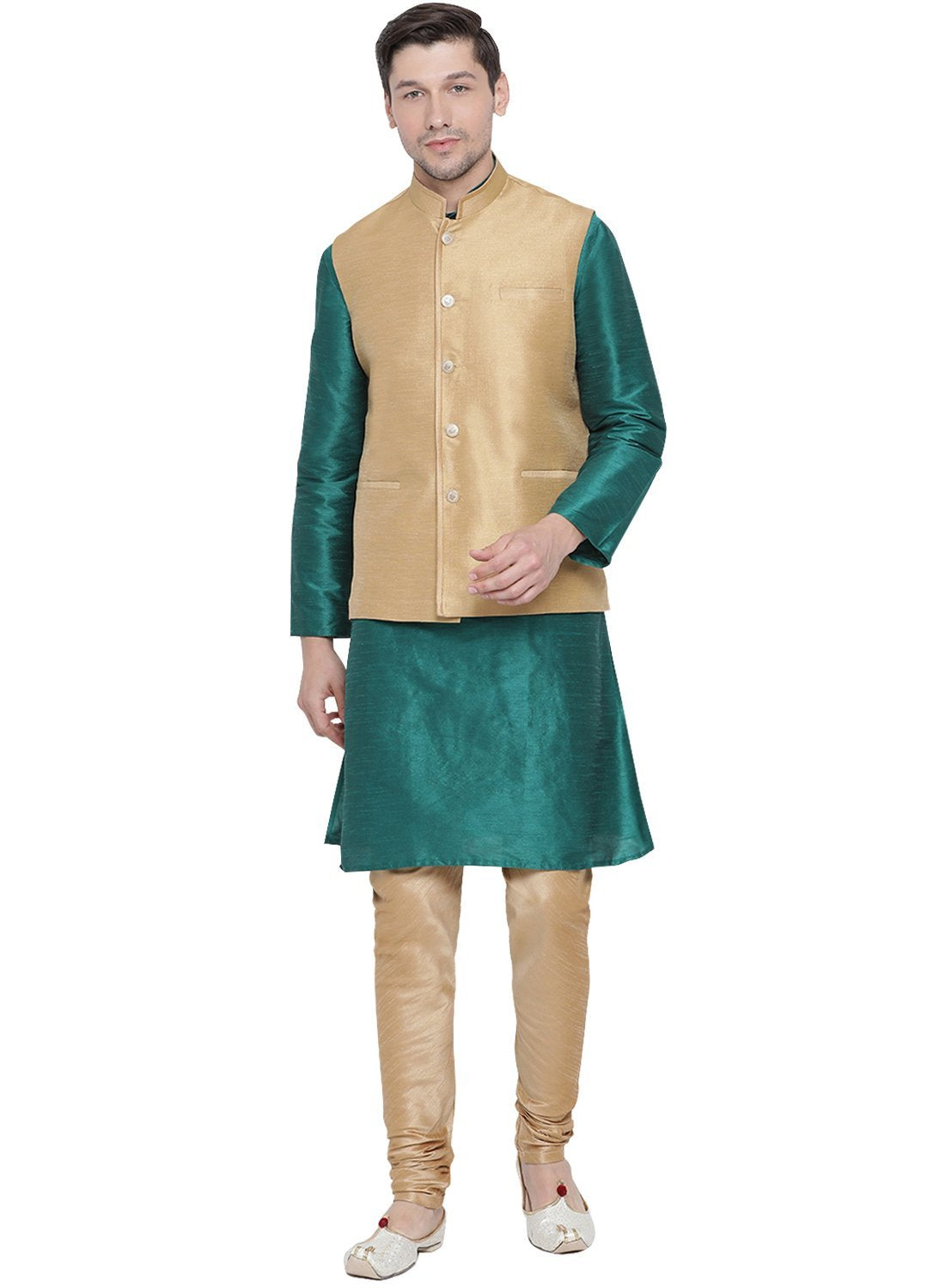 Men's Green Cotton Silk Blend Kurta, Ethnic Jacket and Pyjama Set