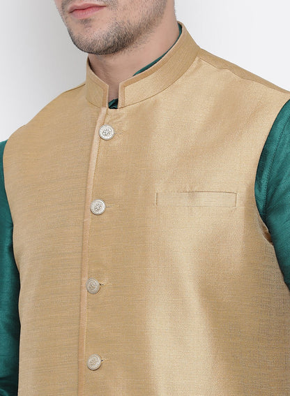 Men's Green Cotton Silk Blend Kurta, Ethnic Jacket and Pyjama Set