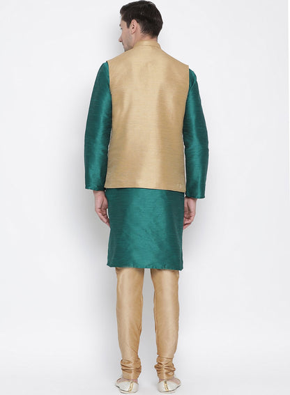 Men's Green Cotton Silk Blend Kurta, Ethnic Jacket and Pyjama Set
