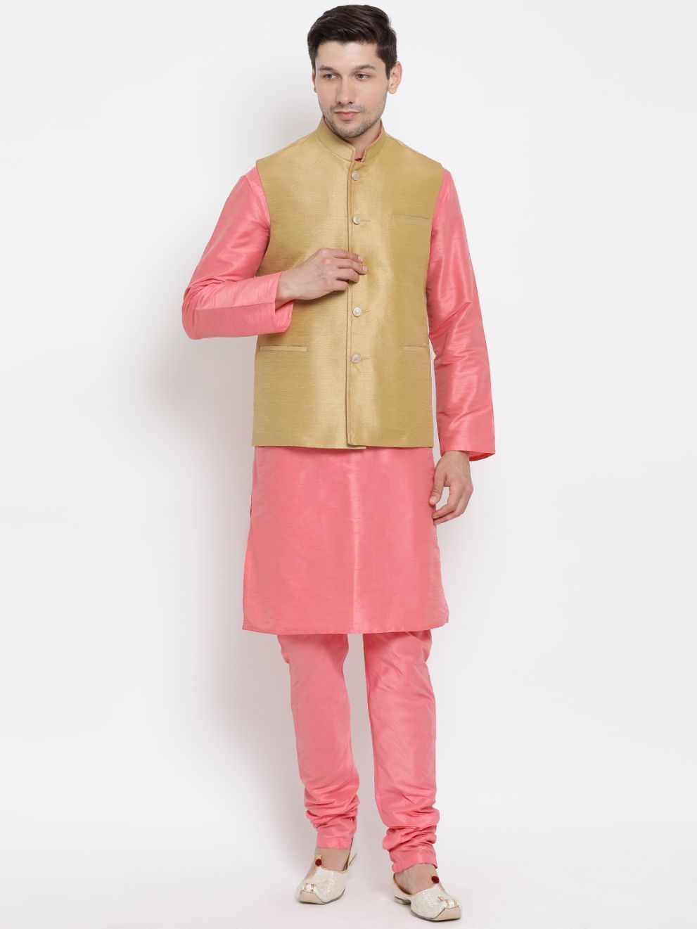 Men's Pink Cotton Silk Blend Kurta, Ethnic Jacket and Pyjama Set