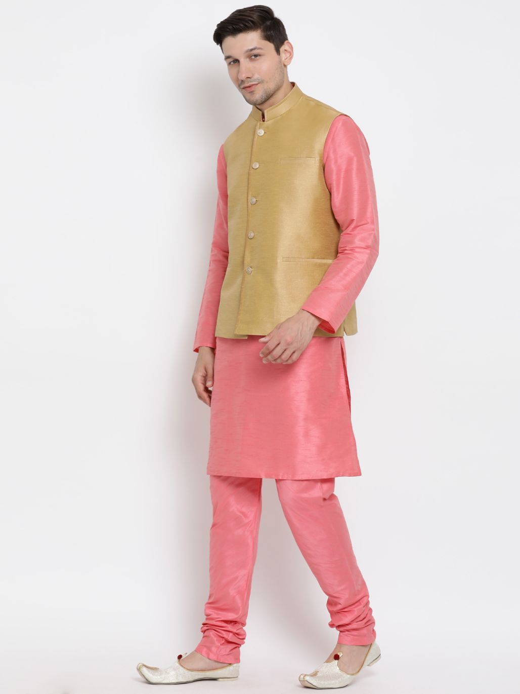 Men's Pink Cotton Silk Blend Kurta, Ethnic Jacket and Pyjama Set