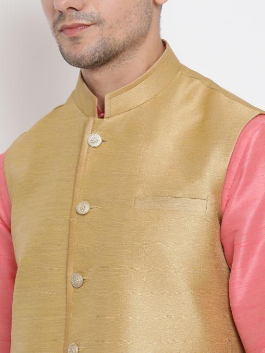 Men's Pink Cotton Silk Blend Kurta, Ethnic Jacket and Pyjama Set