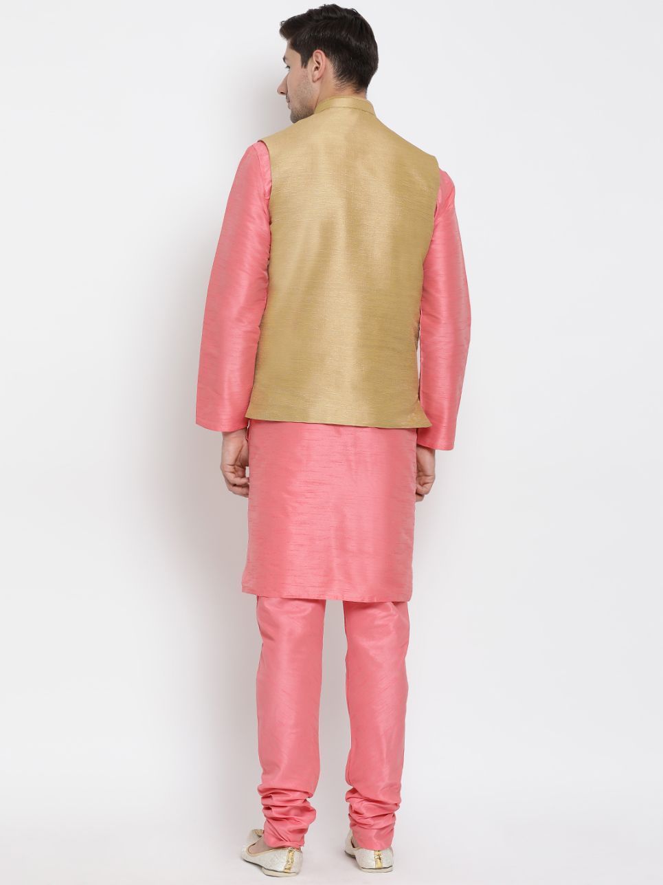Men's Pink Cotton Silk Blend Kurta, Ethnic Jacket and Pyjama Set