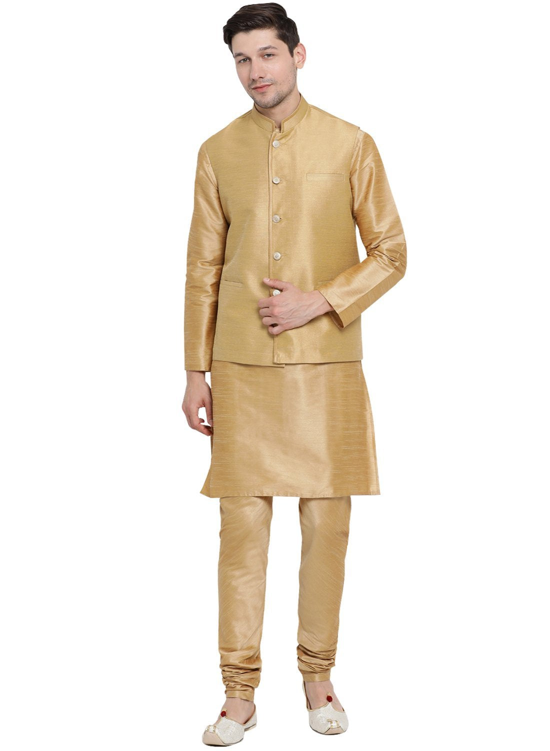 Men's Gold Cotton Silk Blend Kurta, Ethnic Jacket and Pyjama Set