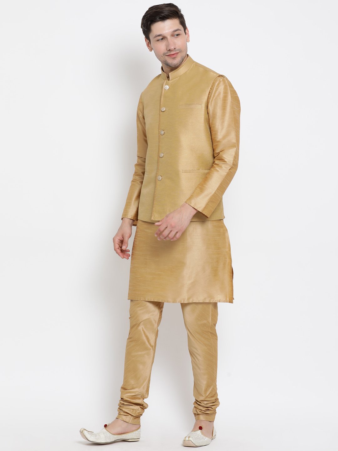 Men's Gold Cotton Silk Blend Kurta, Ethnic Jacket and Pyjama Set