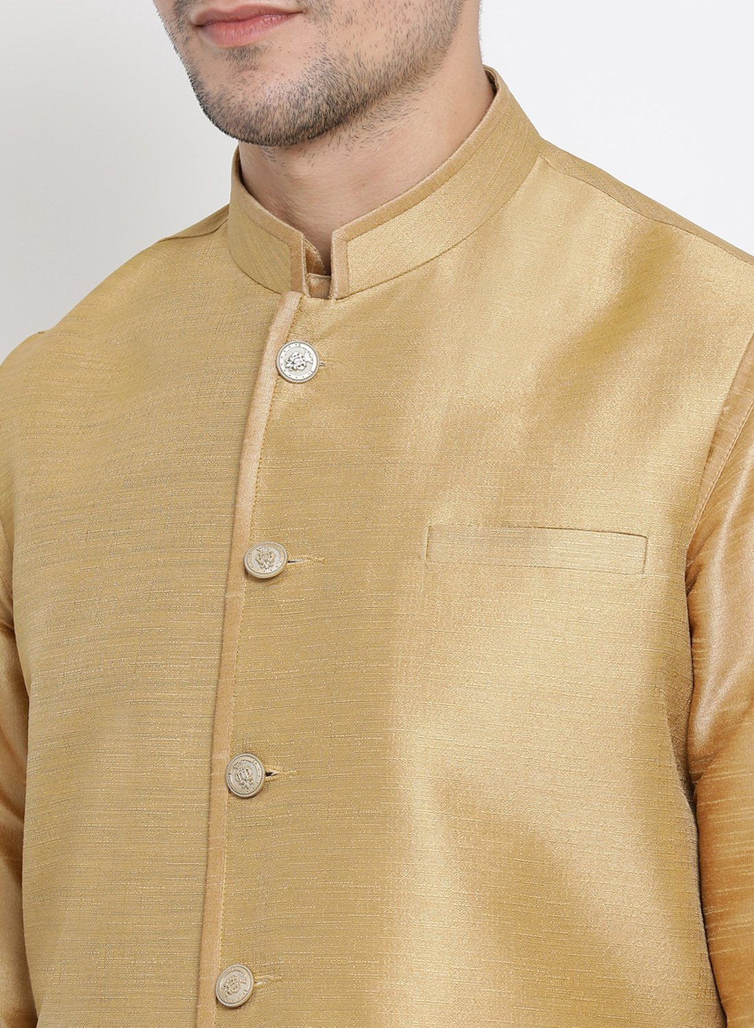 Men's Gold Cotton Silk Blend Kurta, Ethnic Jacket and Pyjama Set