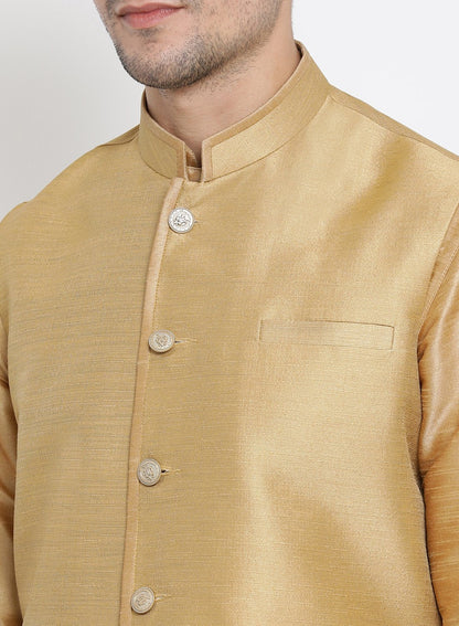 Men's Gold Cotton Silk Blend Kurta, Ethnic Jacket and Pyjama Set