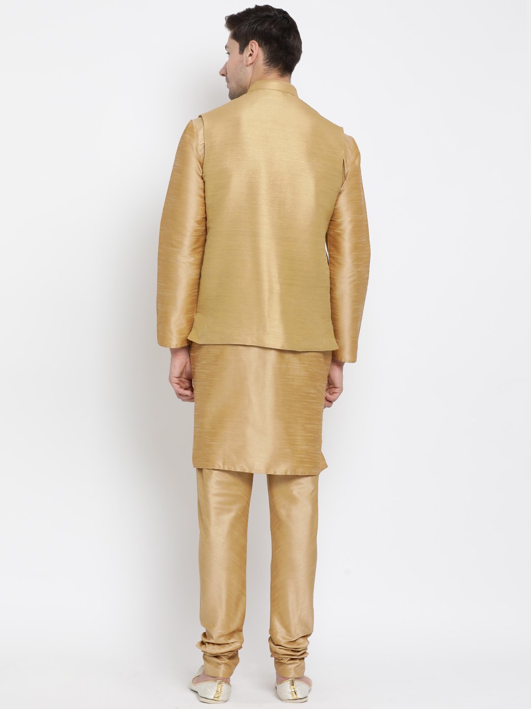 Men's Gold Cotton Silk Blend Kurta, Ethnic Jacket and Pyjama Set
