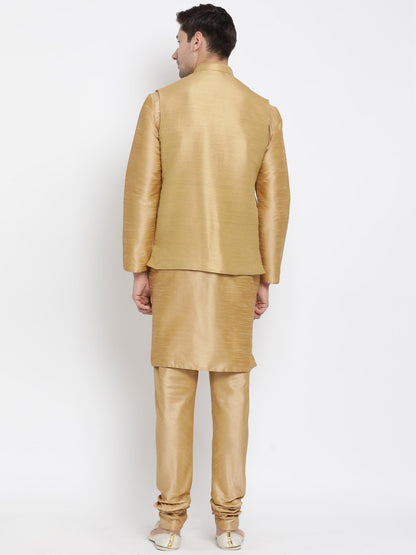 Men's Gold Cotton Silk Blend Kurta, Ethnic Jacket and Pyjama Set