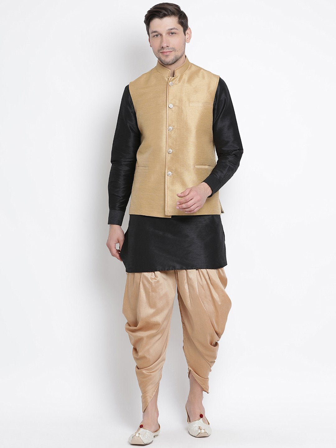 Men's Black Cotton Silk Blend Ethnic Jacket, Kurta and Dhoti Pant Set