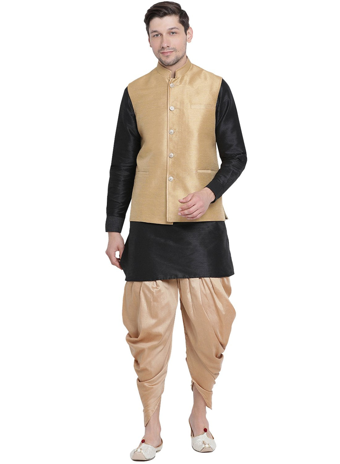 Men's Black Cotton Silk Blend Ethnic Jacket, Kurta and Dhoti Pant Set