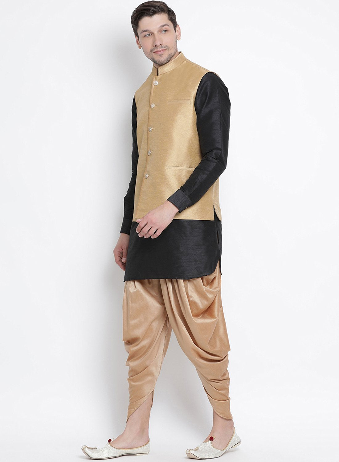 Men's Black Cotton Silk Blend Ethnic Jacket, Kurta and Dhoti Pant Set