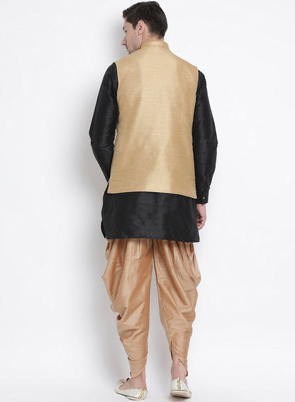 Men's Black Cotton Silk Blend Ethnic Jacket, Kurta and Dhoti Pant Set