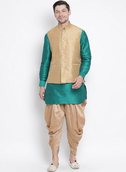 Men's Green Cotton Silk Blend Ethnic Jacket, Kurta and Dhoti Pant Set