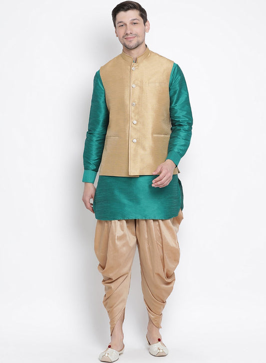 Men's Green Cotton Silk Blend Ethnic Jacket, Kurta and Dhoti Pant Set