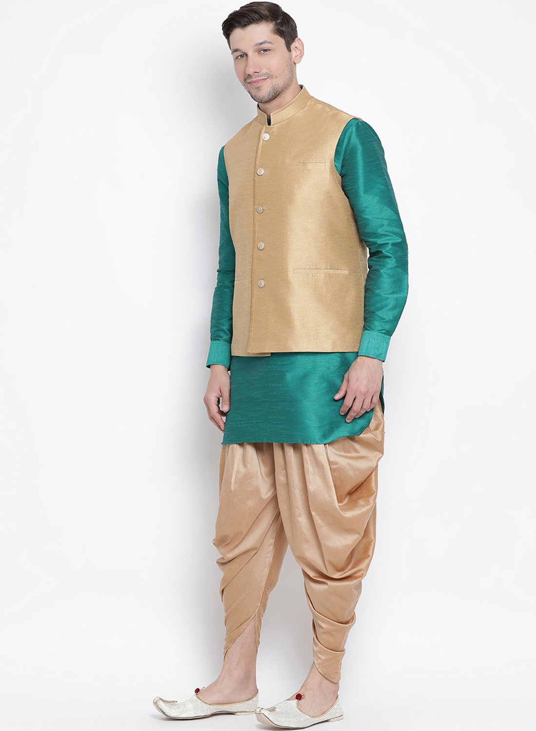 Men's Green Cotton Silk Blend Ethnic Jacket, Kurta and Dhoti Pant Set