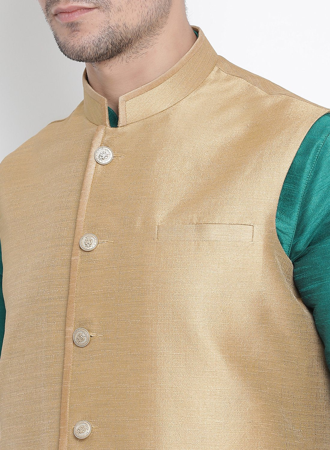 Men's Green Cotton Silk Blend Ethnic Jacket, Kurta and Dhoti Pant Set