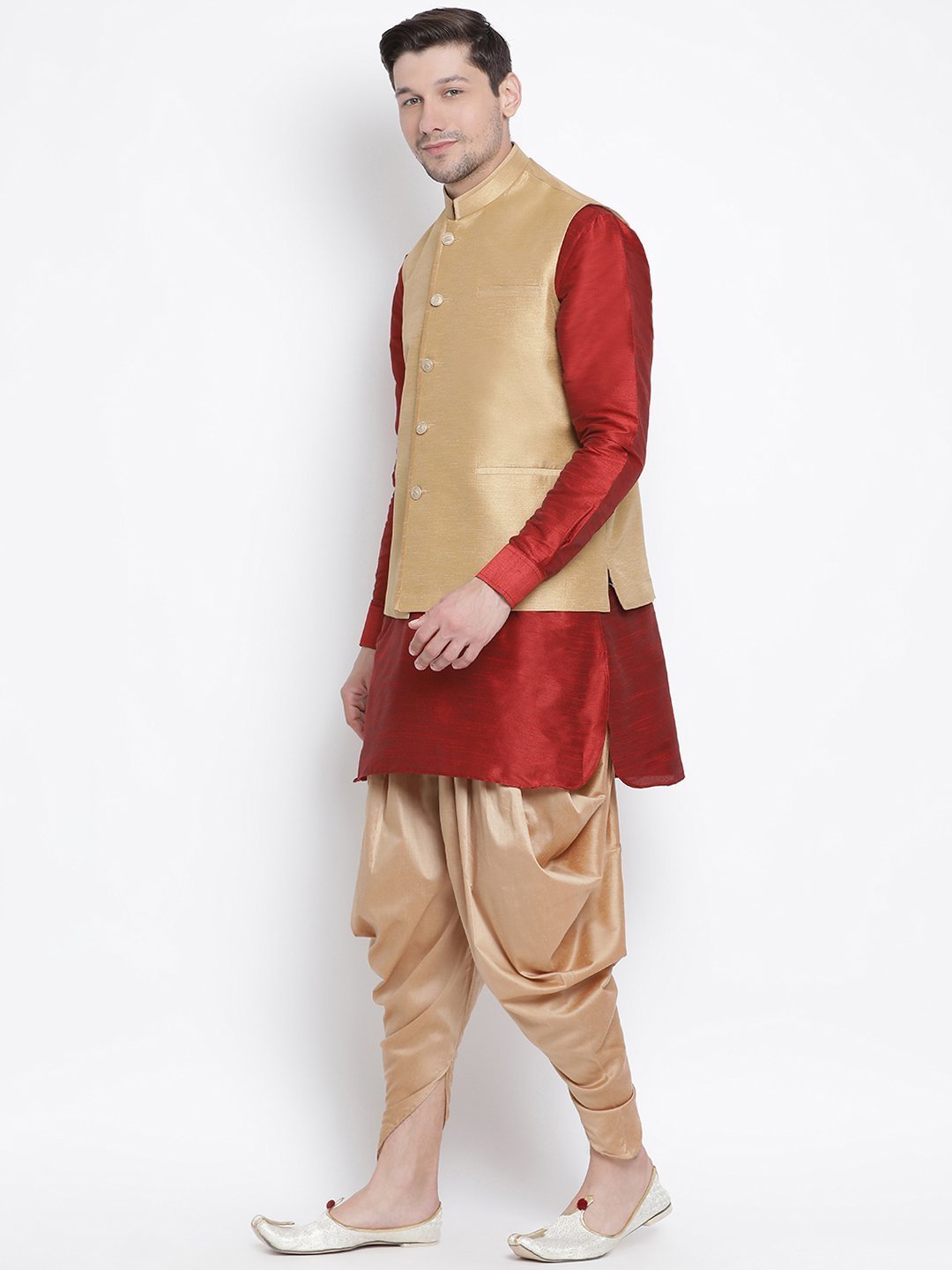 Men's Maroon Cotton Silk Blend Ethnic Jacket, Kurta and Dhoti Pant Set