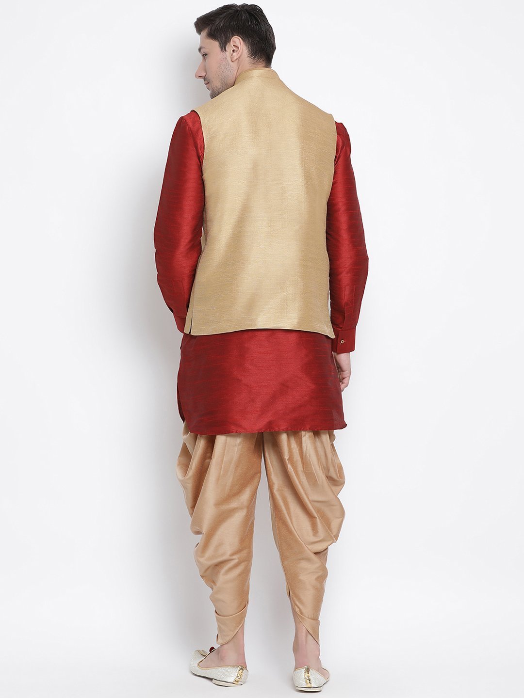 Men's Maroon Cotton Silk Blend Ethnic Jacket, Kurta and Dhoti Pant Set