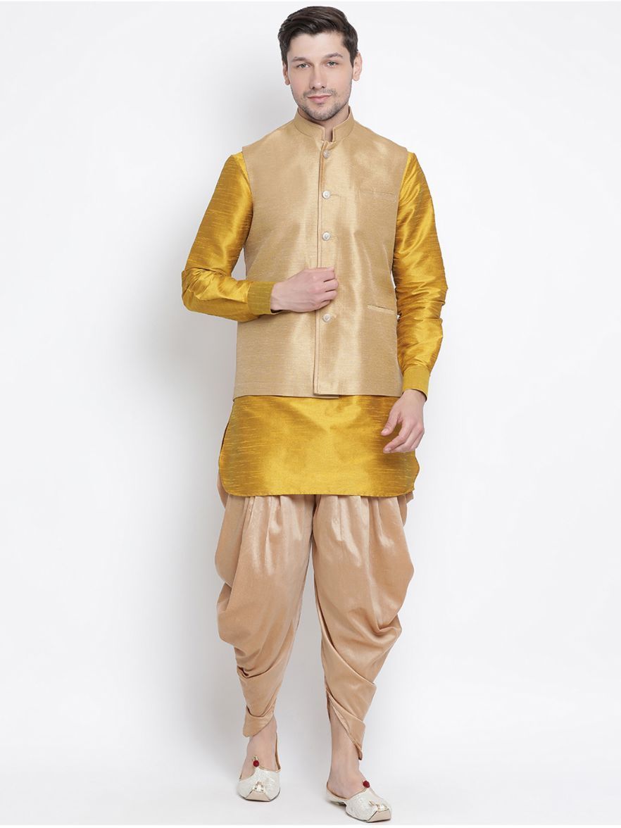 Men's Yellow Cotton Silk Blend Ethnic Jacket, Kurta and Dhoti Pant Set