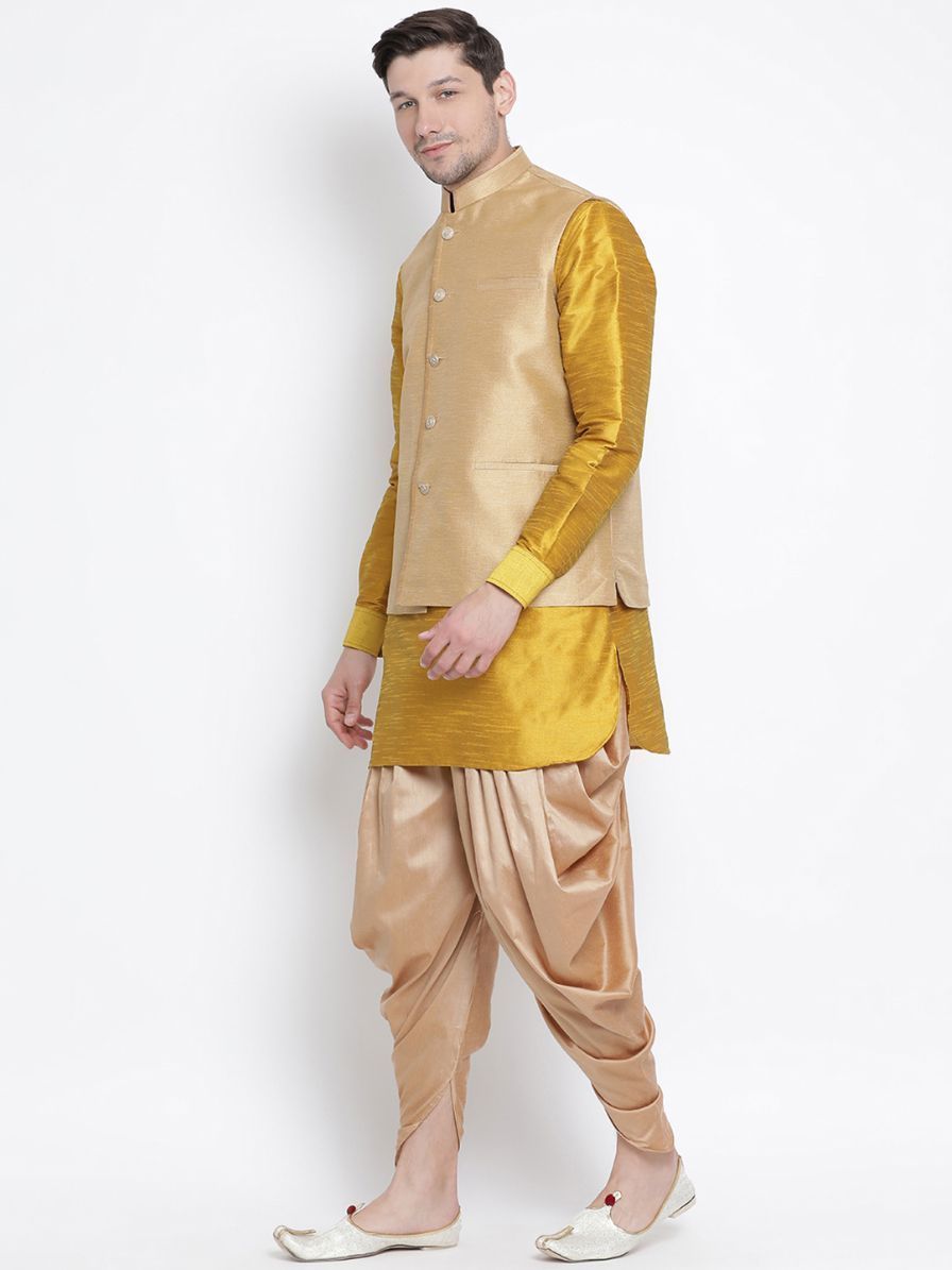 Men's Yellow Cotton Silk Blend Ethnic Jacket, Kurta and Dhoti Pant Set
