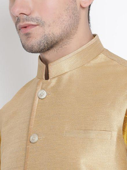 Men's Yellow Cotton Silk Blend Ethnic Jacket, Kurta and Dhoti Pant Set
