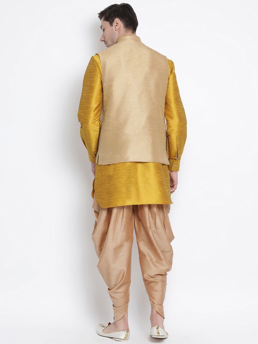 Men's Yellow Cotton Silk Blend Ethnic Jacket, Kurta and Dhoti Pant Set
