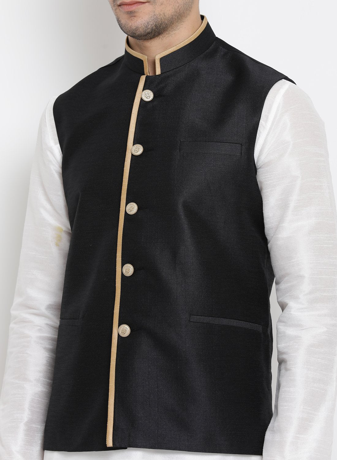 Men's Black Cotton Silk Blend Ethnic Jacket
