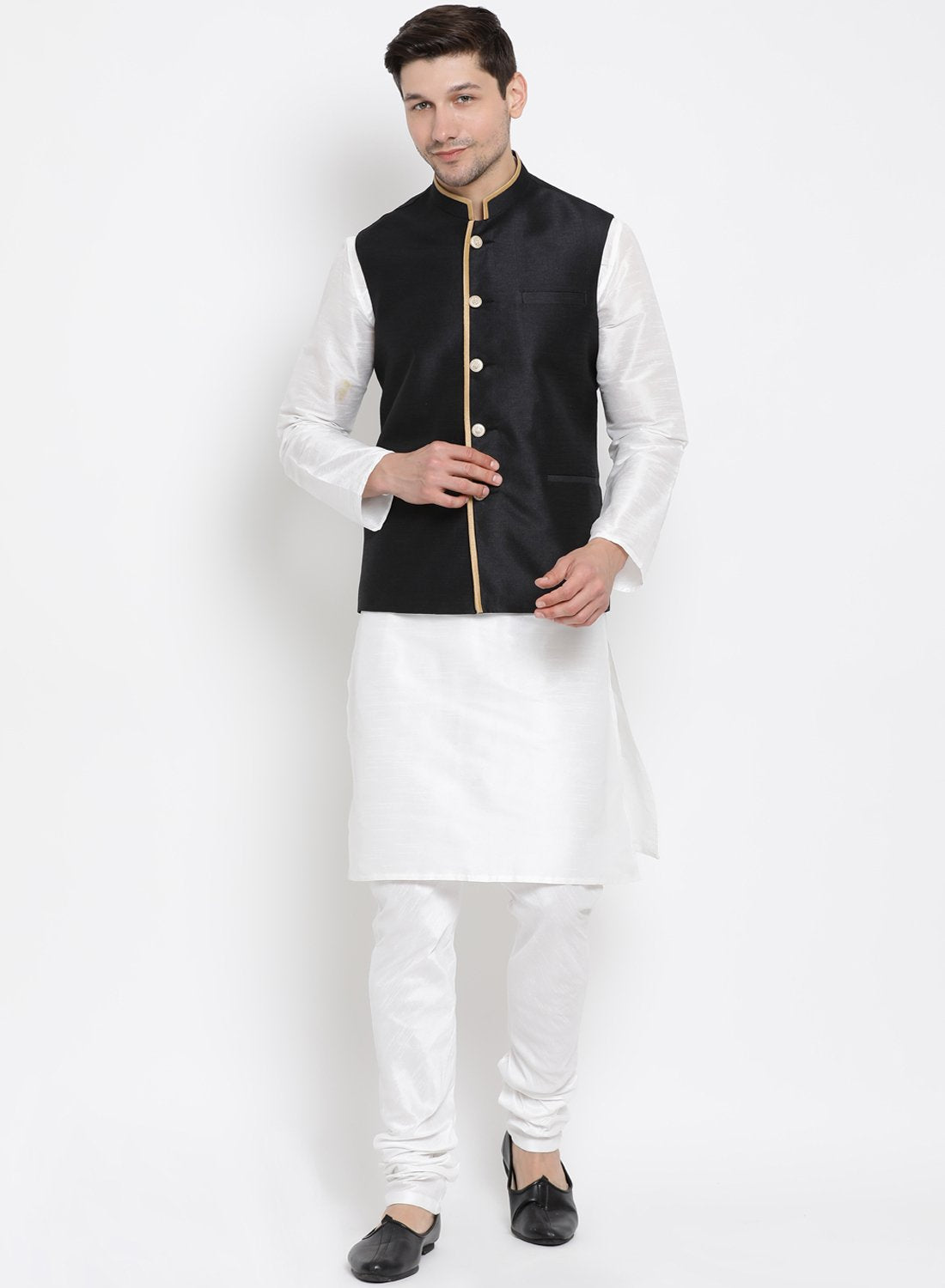 Men's Black Cotton Silk Blend Ethnic Jacket