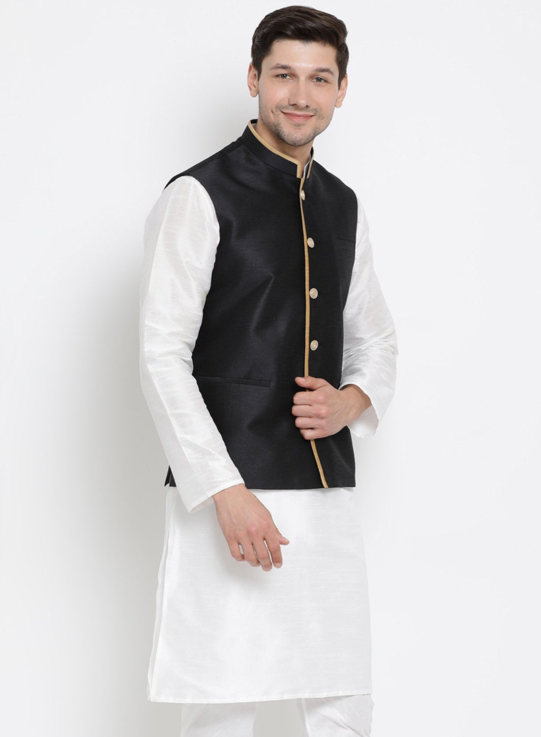 Men's Black Cotton Silk Blend Ethnic Jacket