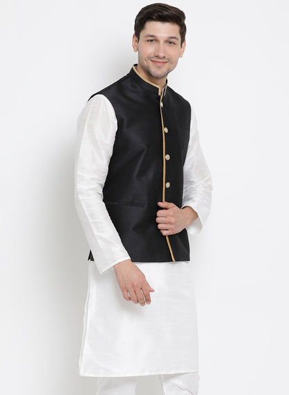 Men's Black Cotton Silk Blend Ethnic Jacket