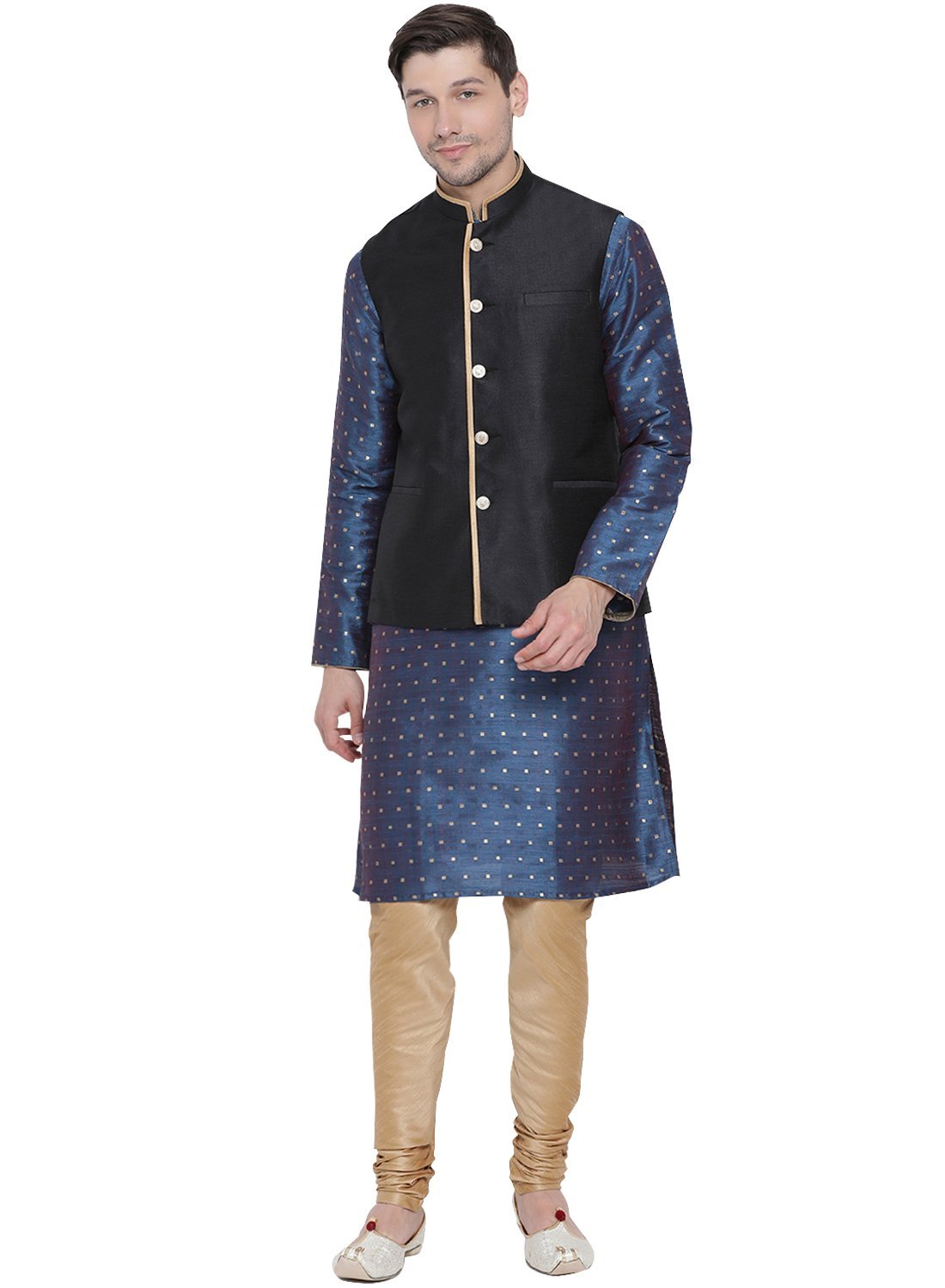 Men's Blue Cotton Silk Blend Kurta, Ethnic Jacket and Pyjama Set