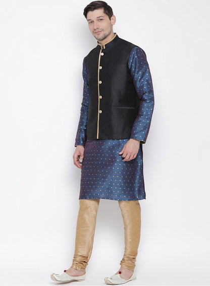 Men's Blue Cotton Silk Blend Kurta, Ethnic Jacket and Pyjama Set