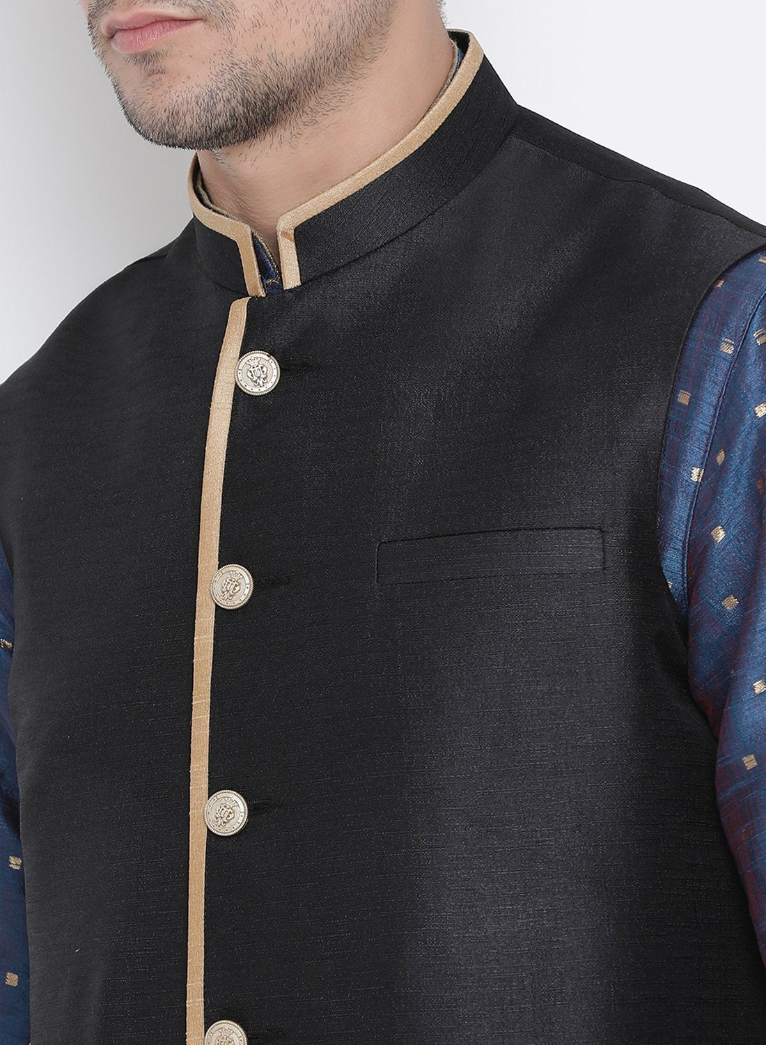 Men's Blue Cotton Silk Blend Kurta, Ethnic Jacket and Pyjama Set