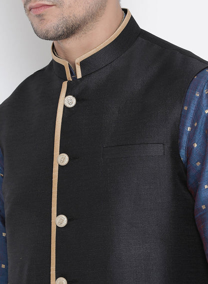 Men's Blue Cotton Silk Blend Kurta, Ethnic Jacket and Pyjama Set