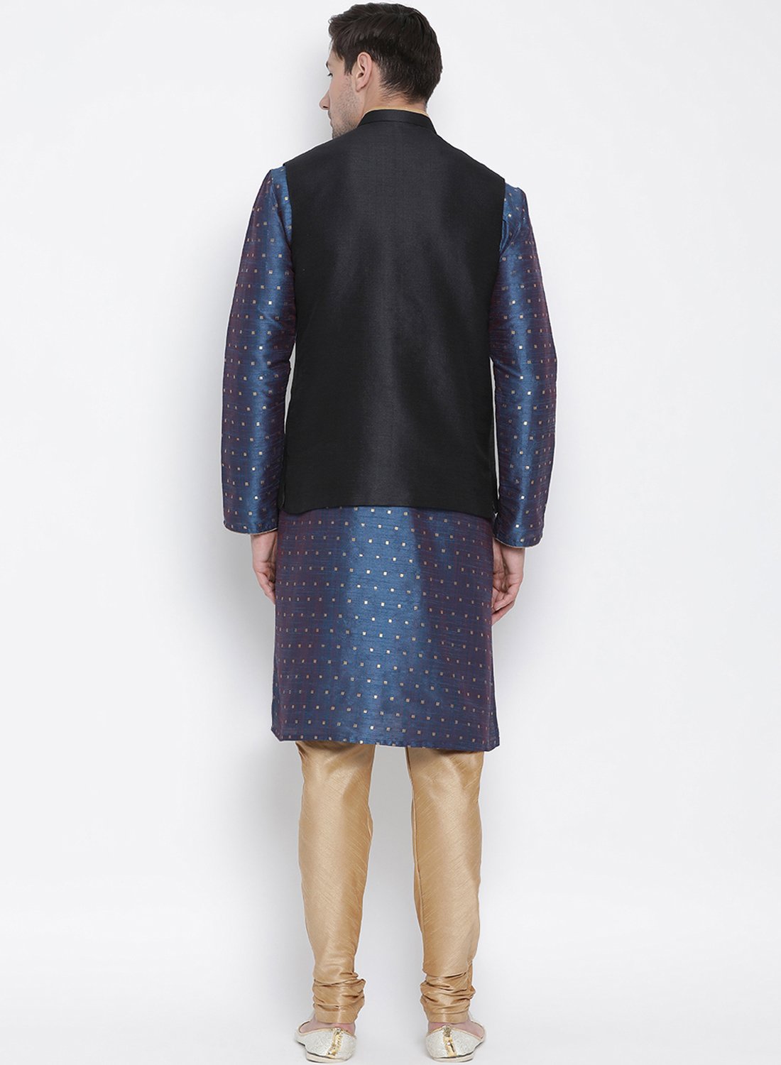 Men's Blue Cotton Silk Blend Kurta, Ethnic Jacket and Pyjama Set