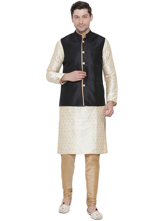 Men's Gold Cotton Silk Blend Kurta, Ethnic Jacket and Pyjama Set
